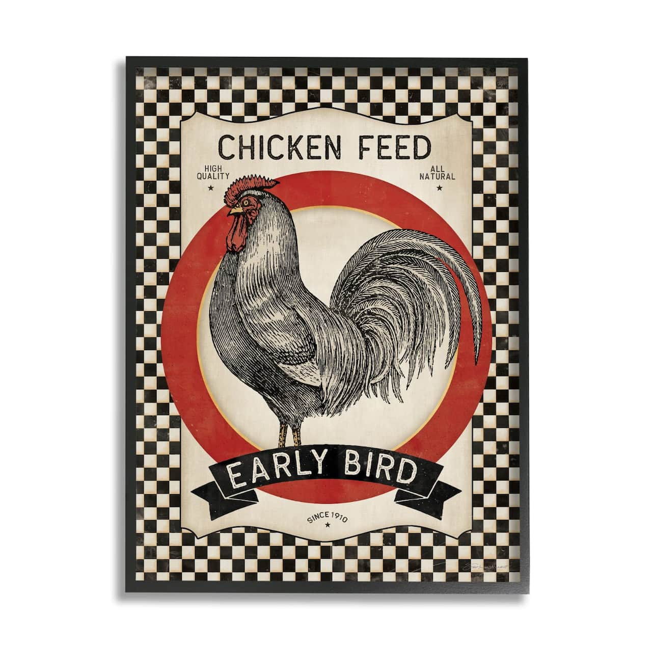 Stupell Industries Vintage Farmhouse Chicken Feed Advertisement Rooster Checkered Pattern Framed Wall Art